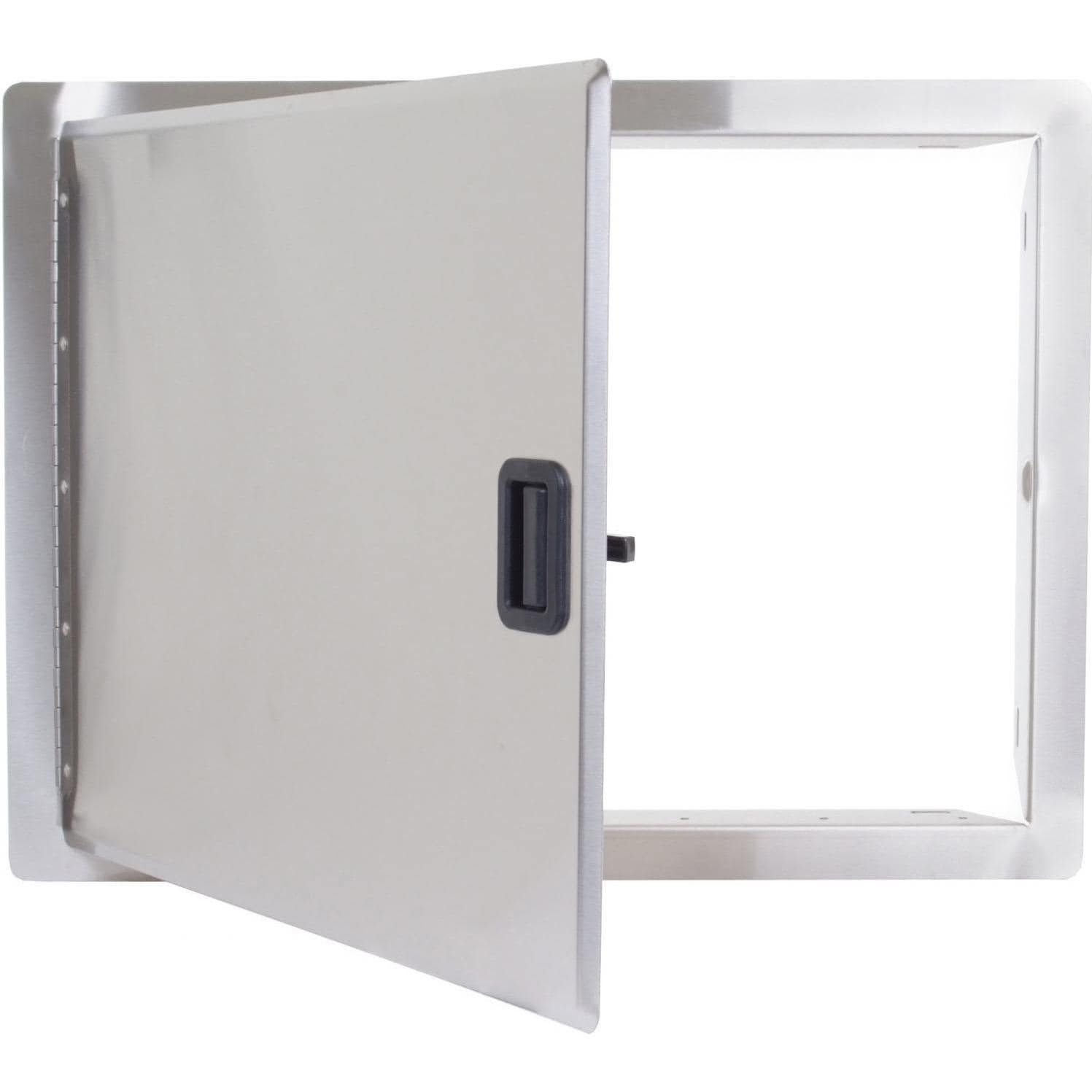 Stainless steel access door open to show black handle and rectangular frame