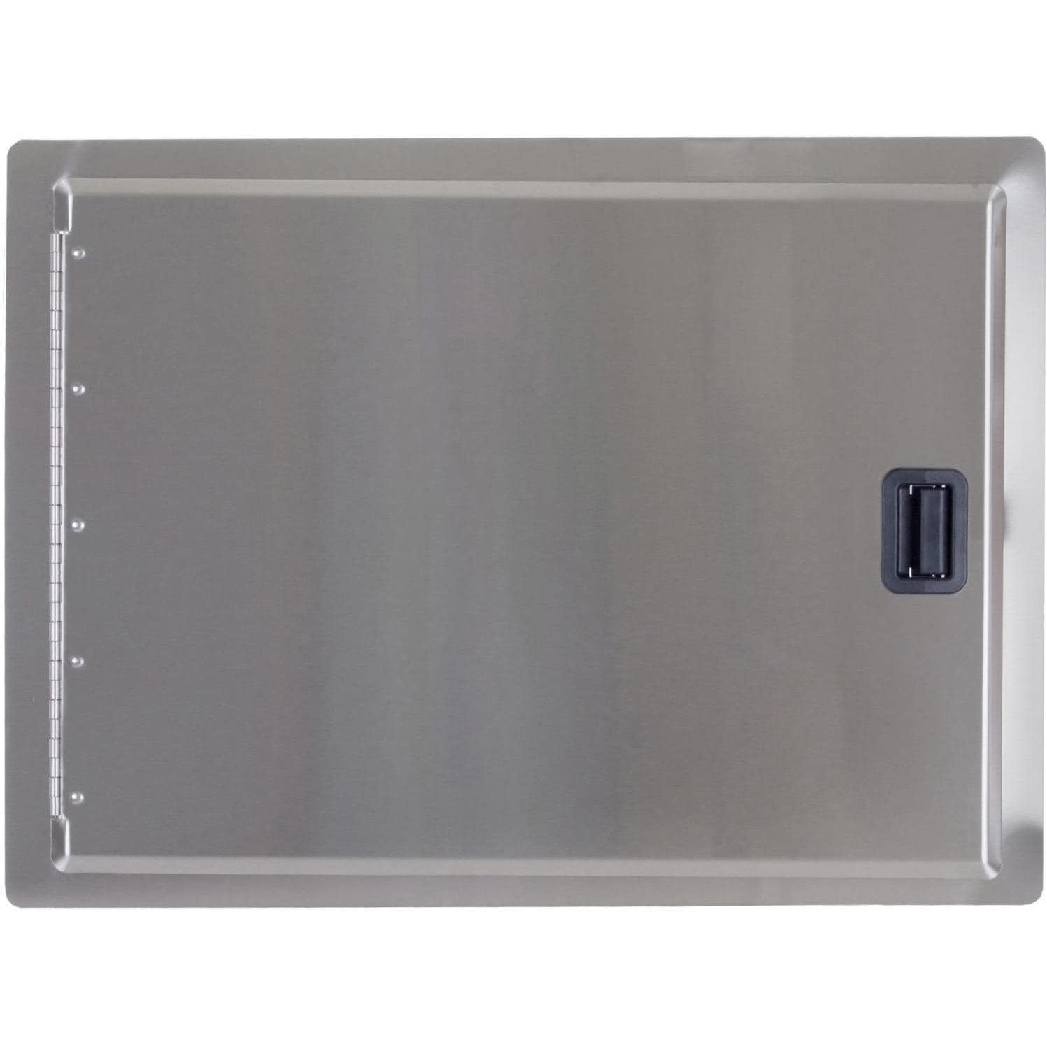 Stainless steel access door panel with black vertical handle and mounting holes