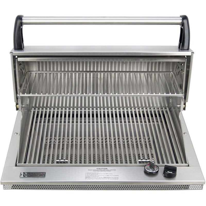 Stainless steel built-in natural gas grill with open lid and warming rack