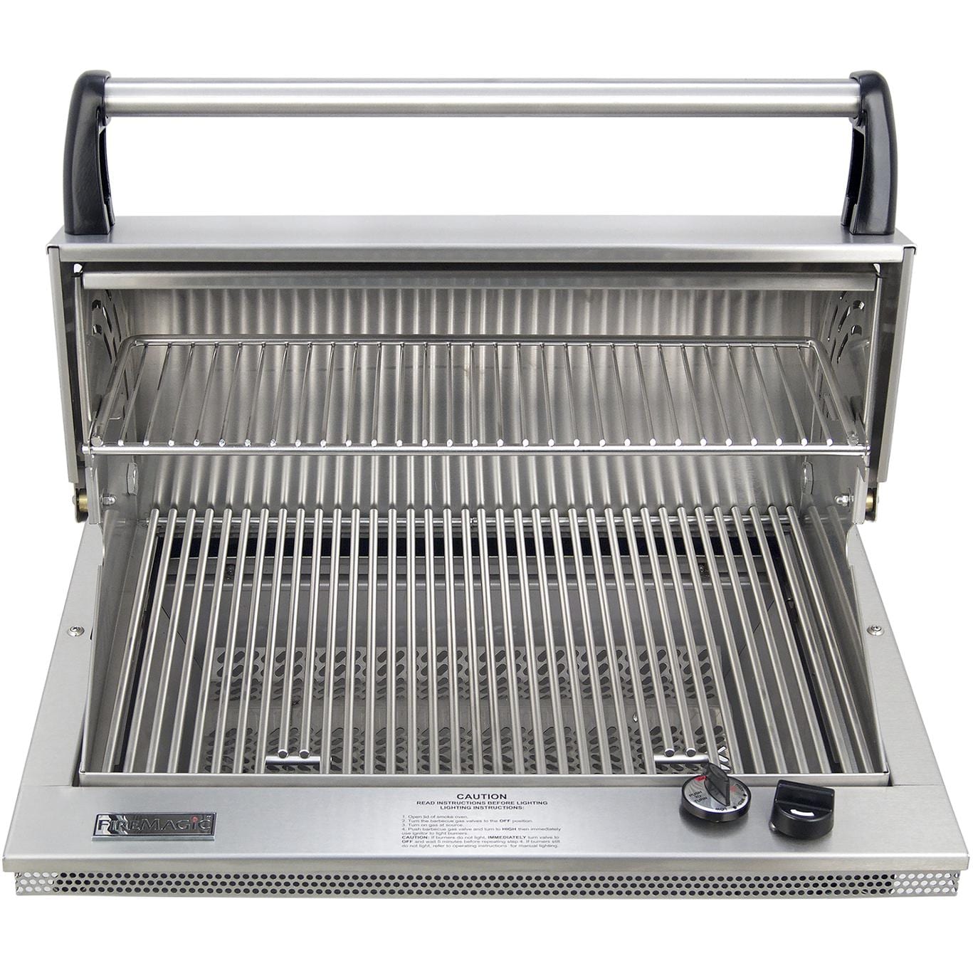 Stainless steel built-in propane grill with open lid and cooking grates
