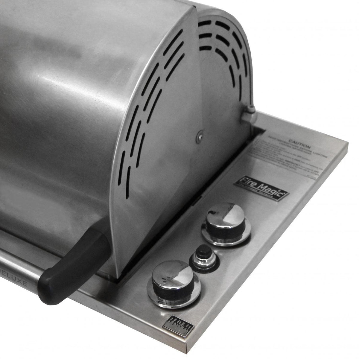 Built-in stainless propane grill with side control knobs and open lid