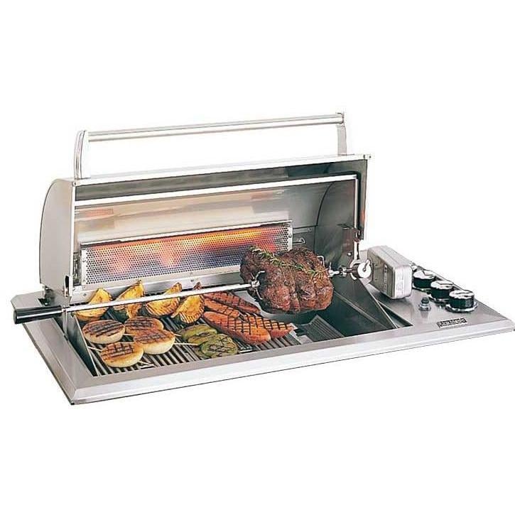 Stainless steel countertop propane gas grill with open lid and rotisserie burner