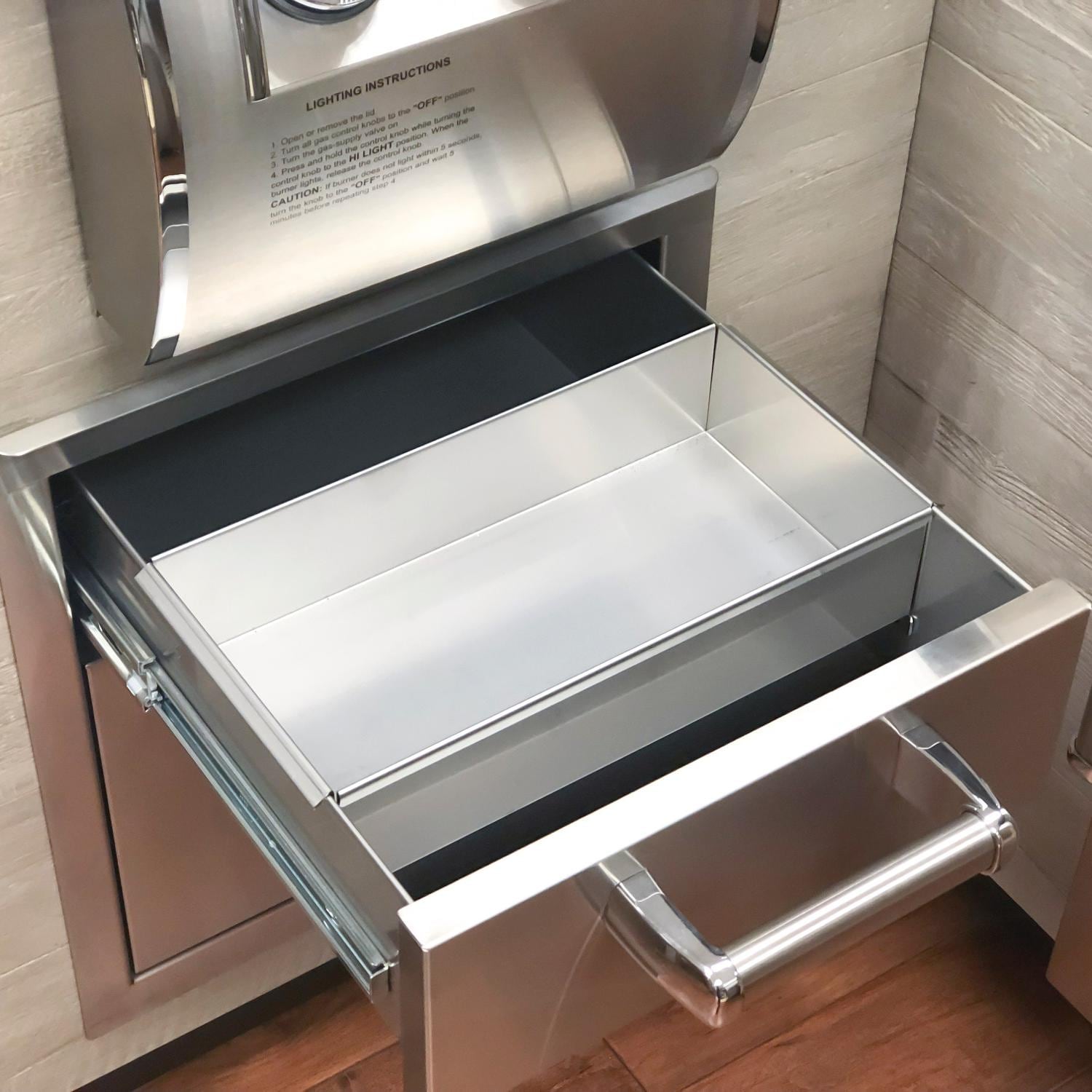 Flush-mount single access drawer, open box with soft-close and chrome handle
