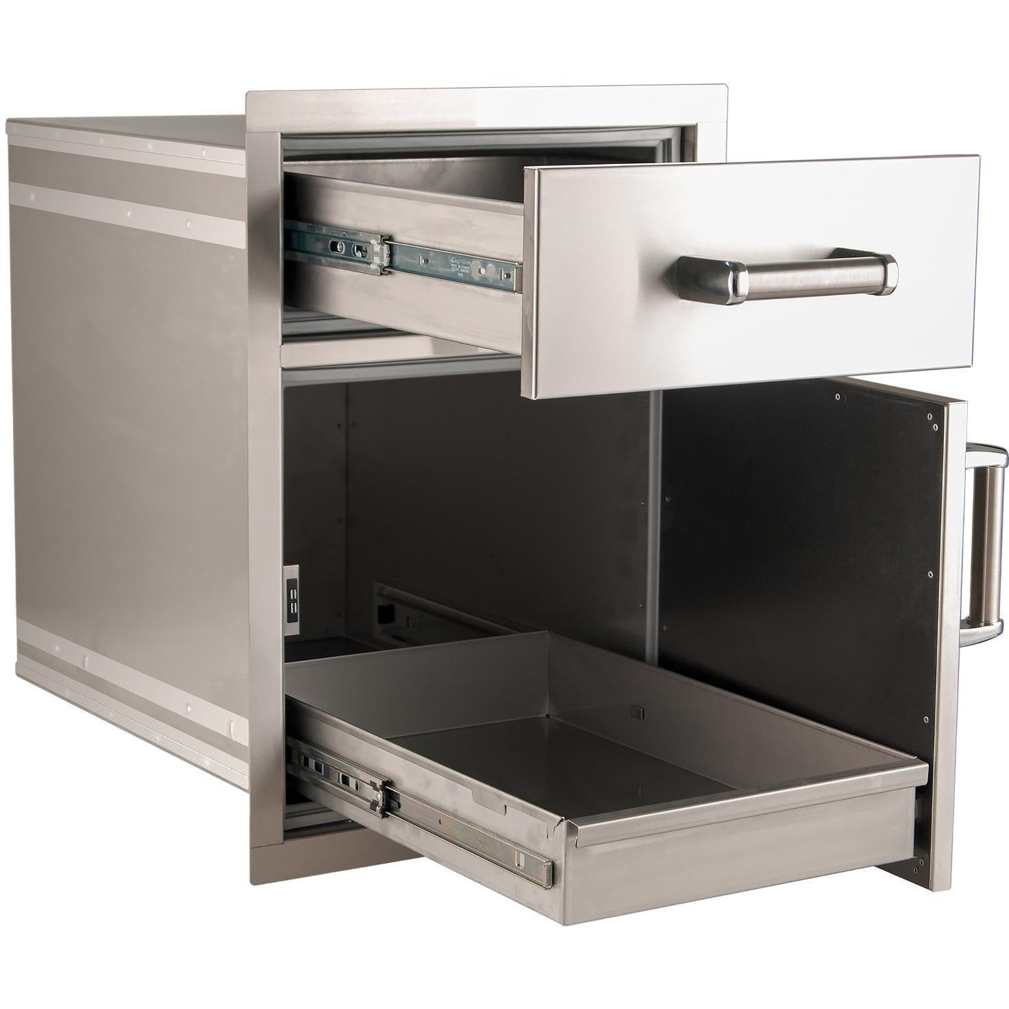 Stainless pantry access drawer combo with top compartments and pull-out lower drawer