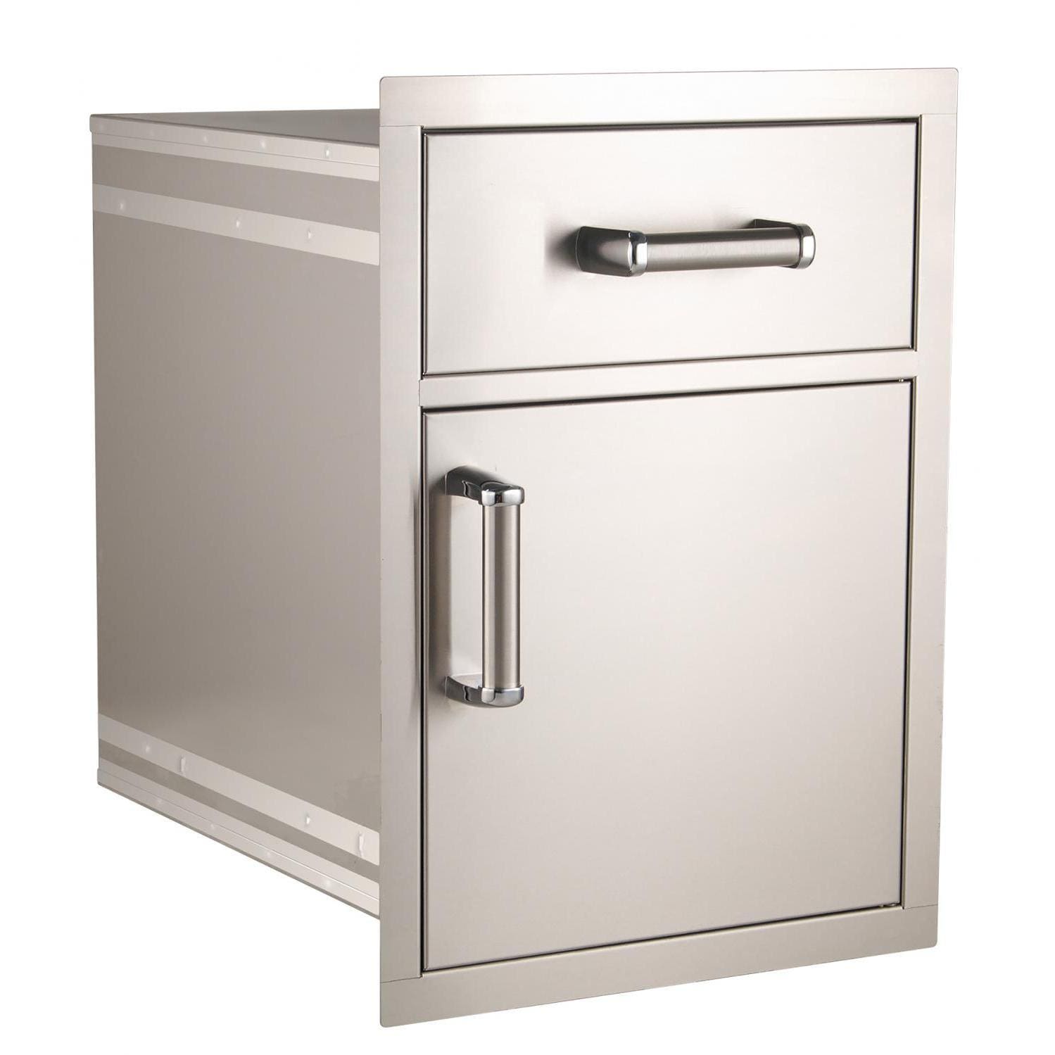 Stainless flush pantry access drawer combo, two doors with brushed metal handles