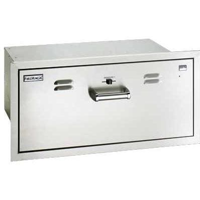 Stainless steel built-in warming drawer with handle and control panel, flush front