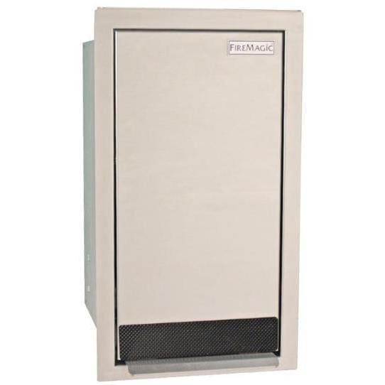Fire Magic premium trash bin with front door and mesh bottom opening, light gray