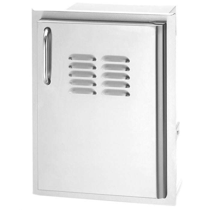Stainless steel 14-inch right-hinged access door with vertical rectangular vents and handle