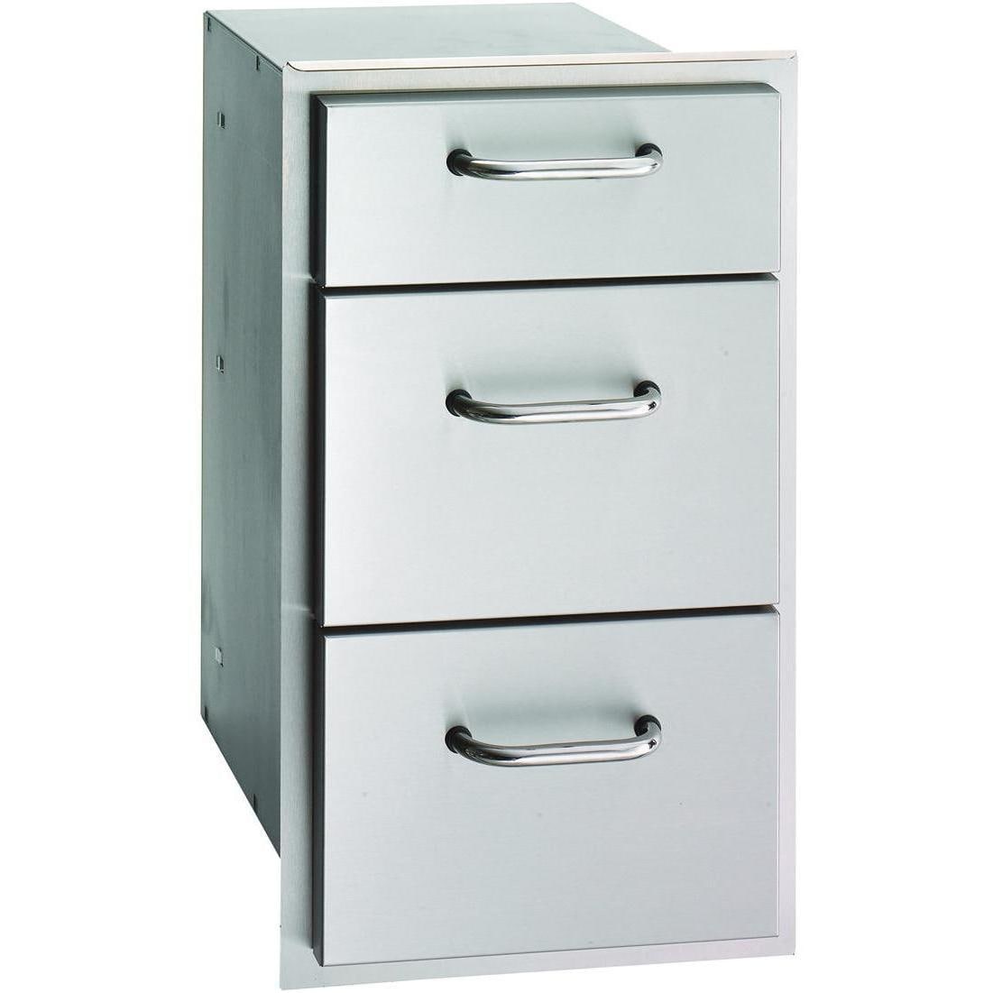 Steel triple drawer cabinet with three front pull handles, light gray finish