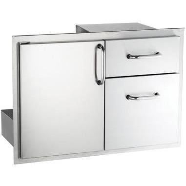 Stainless steel access door with double drawers, two drawer pulls and hinged door.
