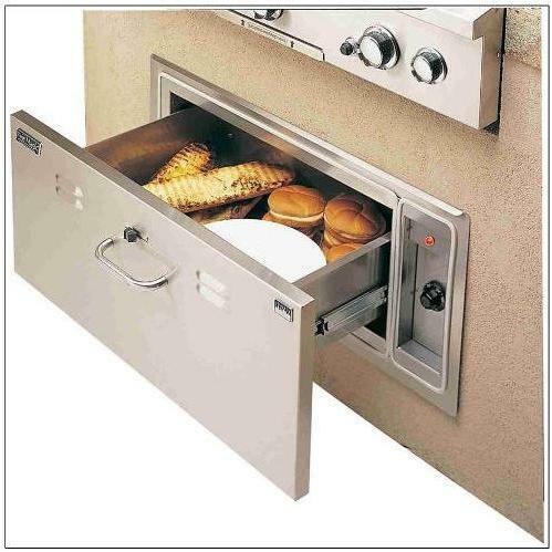 Open stainless warming drawer with interior food tray and control panel