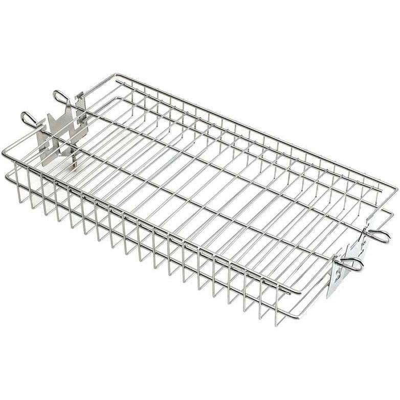 Stainless steel flat rotisserie basket with wire grid and side handles