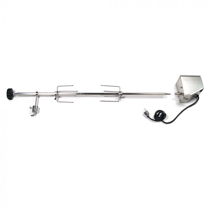 Stainless steel rotisserie spit rod with support brackets and motor