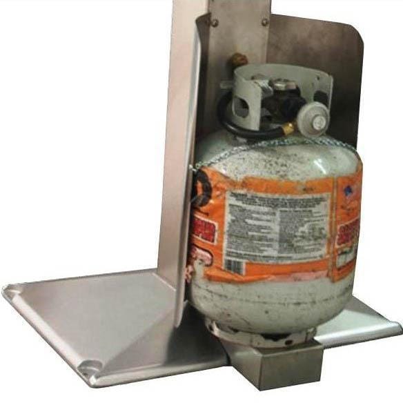 Metal tank shield with side panels and base shelf for patio post grills