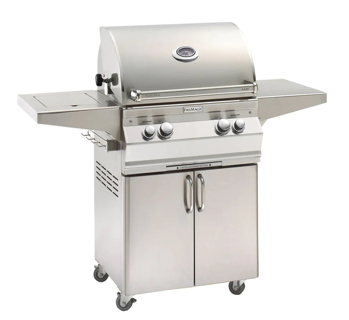 Stainless steel freestanding gas grill with single side burner and analog thermometer, cart base