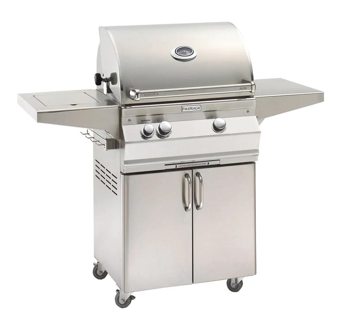 Stainless steel freestanding gas grill with side burner and cabinet storage doors