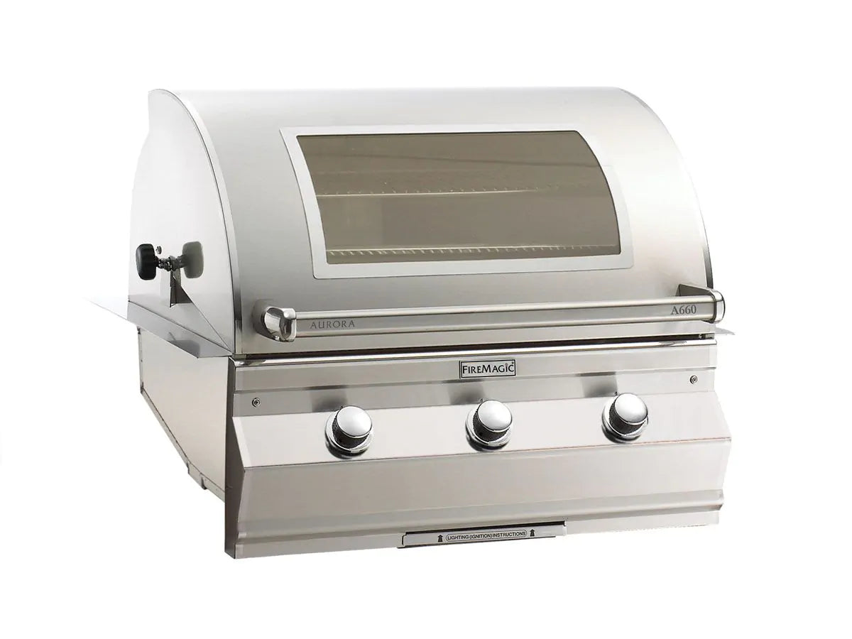 Natural gas built-in grill with tinted window lid and three stainless control knobs