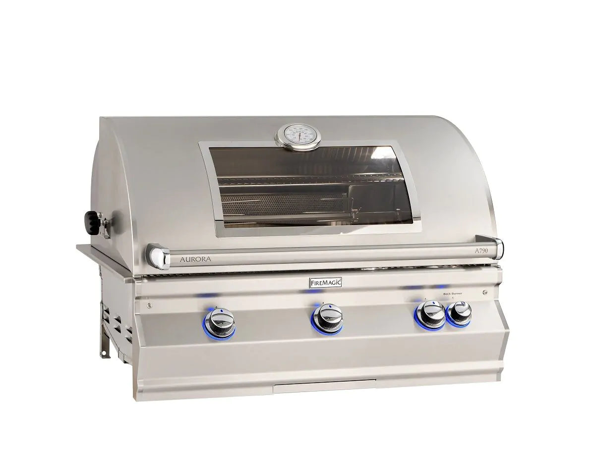 Fire Magic built-in propane gas grill with lid, viewing window, and analog thermometer