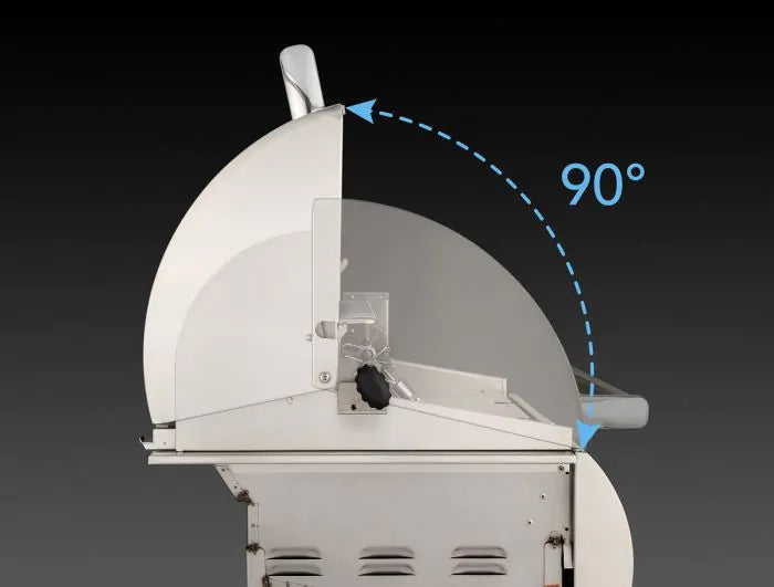 Rotisserie gas grill lid and burner hood with angle guide