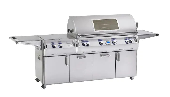 Stainless steel freestanding gas grill with lid, control knobs, and side rotisserie arm