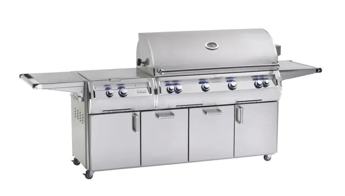 Freestanding stainless gas grill with control knobs and warming shelf