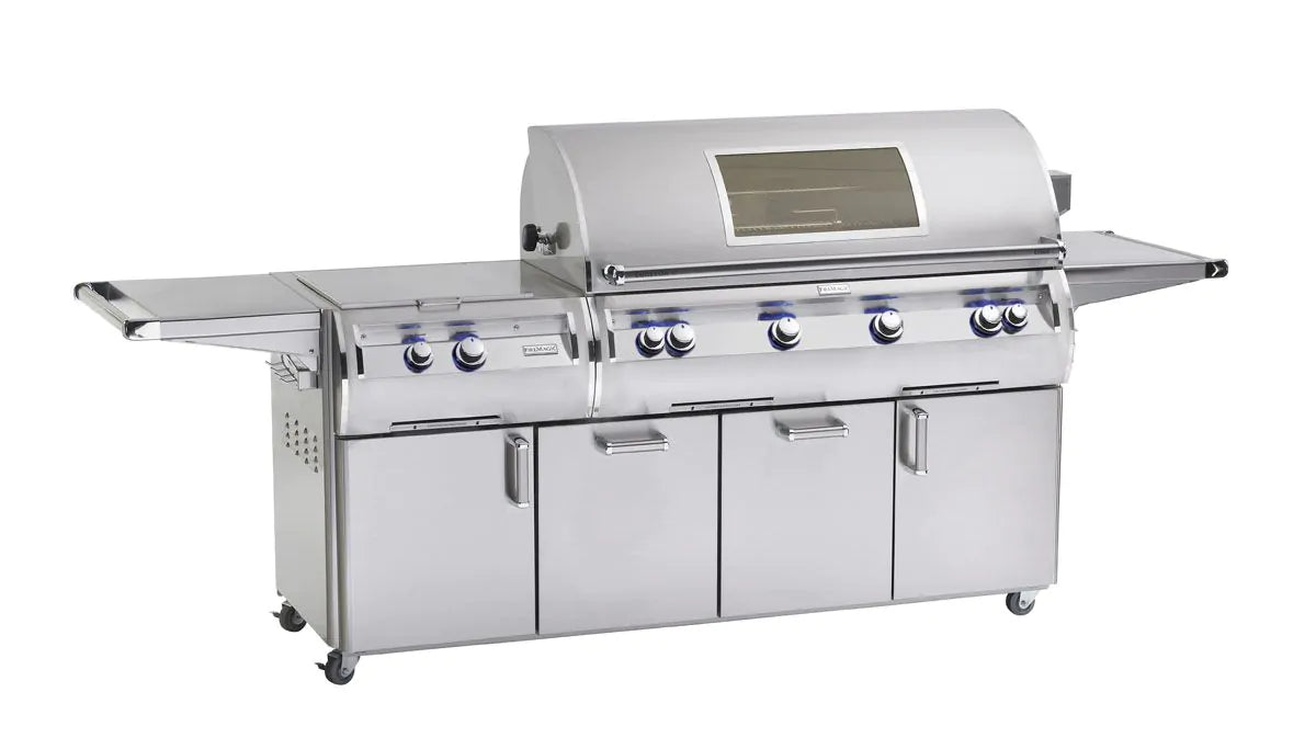 Stainless steel freestanding gas grill with side shelves and control knobs