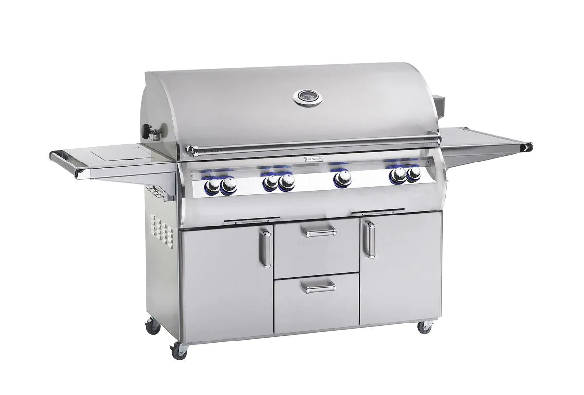 Freestanding stainless gas grill with front control knobs and lid-mounted thermometer