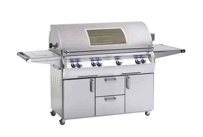 Freestanding stainless gas grill with side burner, control knobs, and analog thermometer