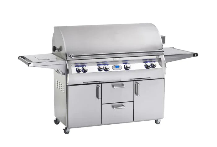 Stainless steel freestanding gas grill with hinged lid and front control panel