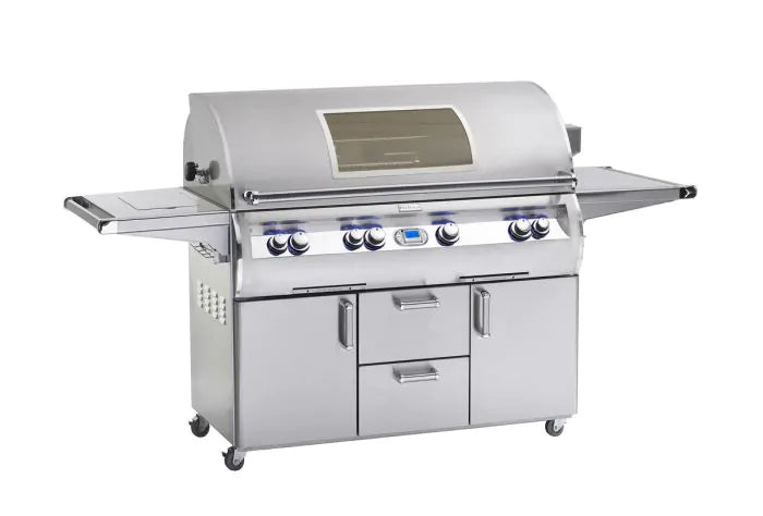 Stainless steel freestanding gas grill with digital thermometer and side shelf
