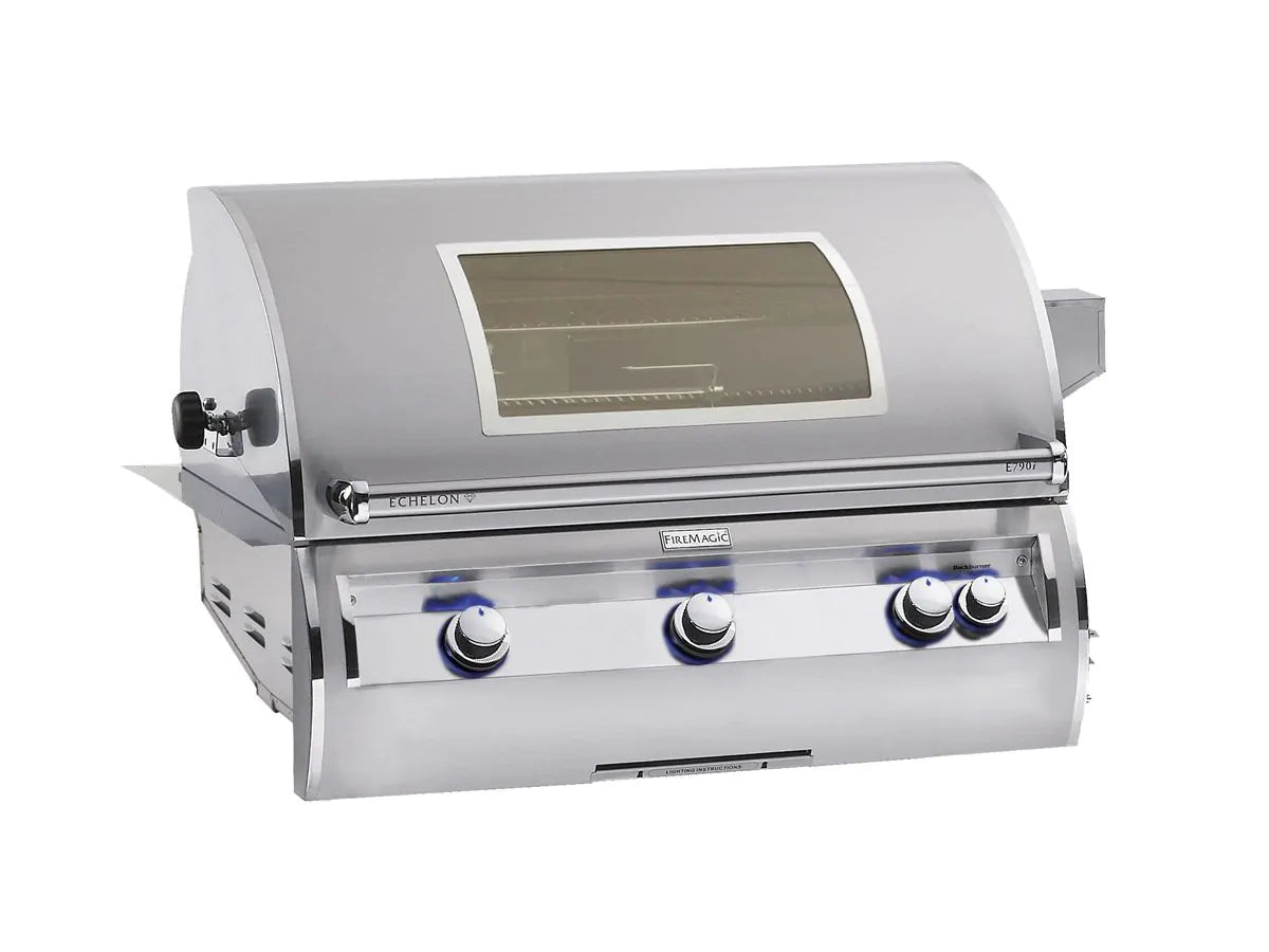 Stainless steel built-in propane grill with front knobs and viewing window