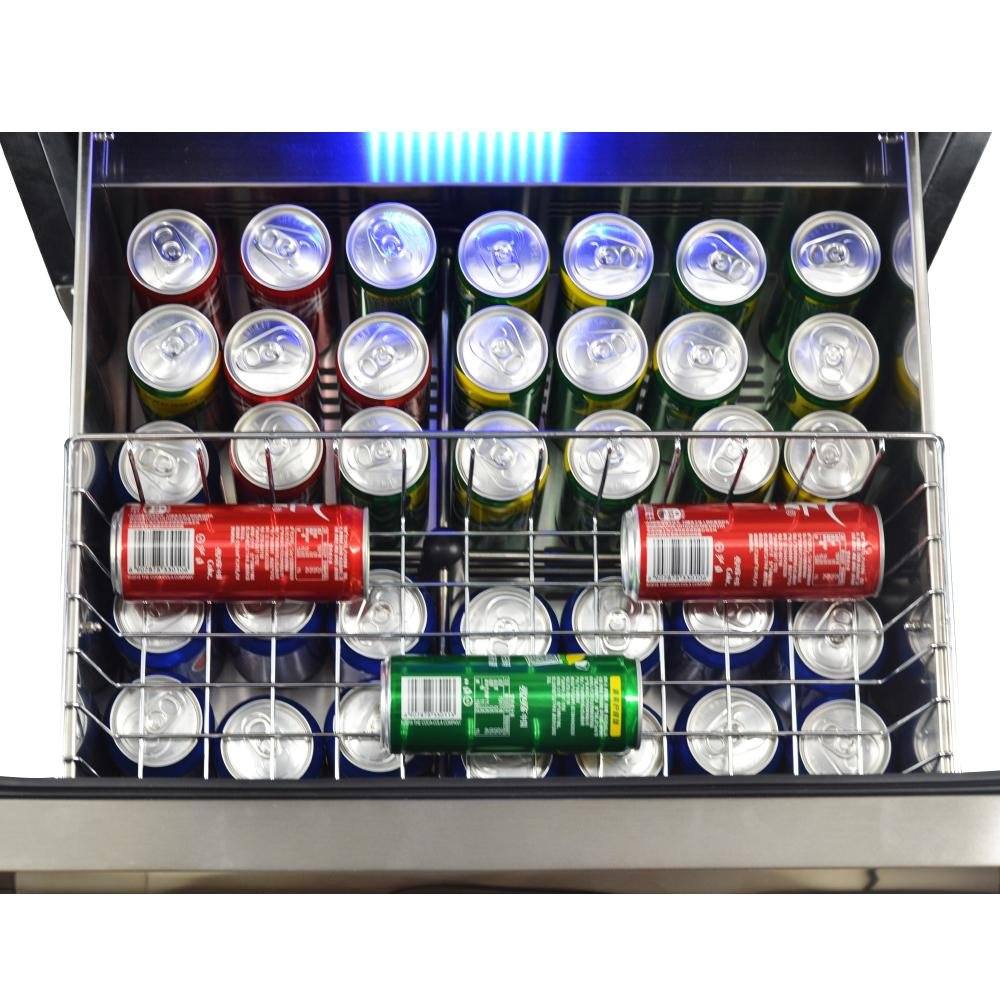 Dual-zone wine cooler interior with metal racks holding assorted wine bottles