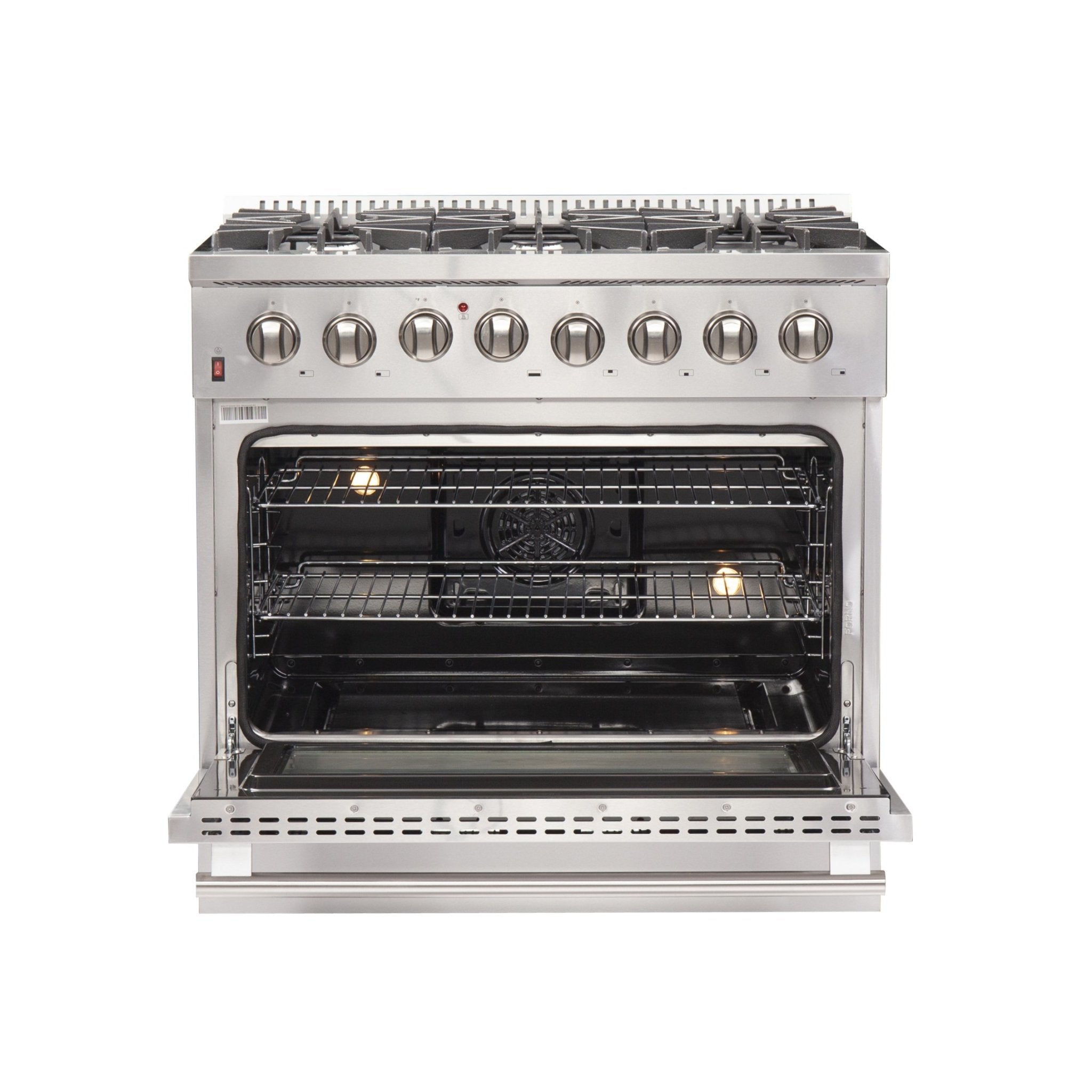 Stainless steel dual fuel range with open oven door, racks, and control knobs