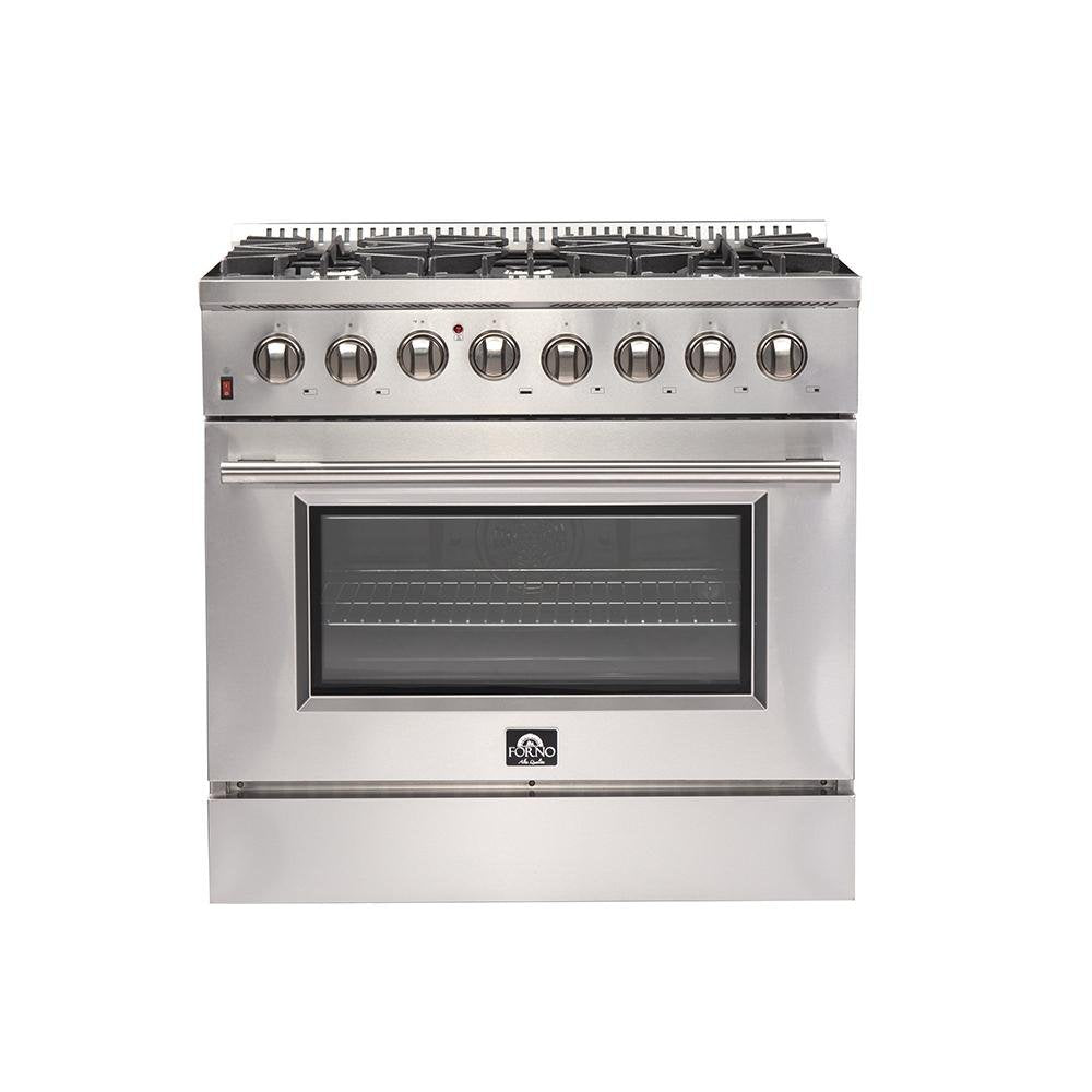 Stainless steel dual fuel range front with control knobs and closed oven window door