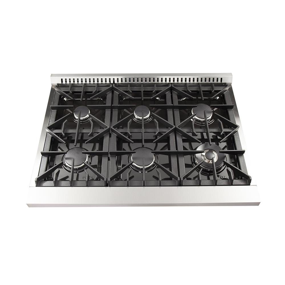 Stainless steel dual fuel range cooktop with black grates and burners