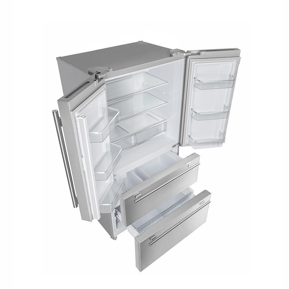 Stainless steel French door refrigerator with right door open and interior shelves