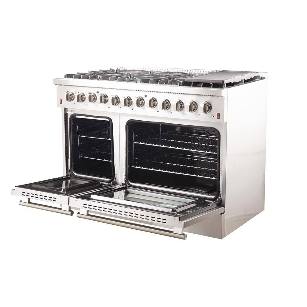 Stainless steel dual fuel range with two open oven doors and burner control knobs