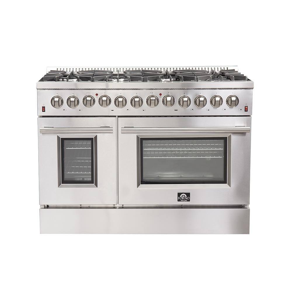 Stainless steel dual fuel range with two glass ovens and control knobs along top