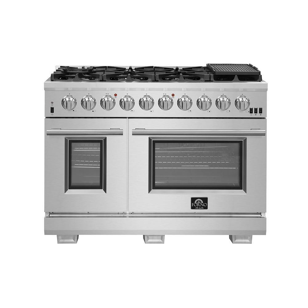 Stainless steel gas range with six burners and two oven doors