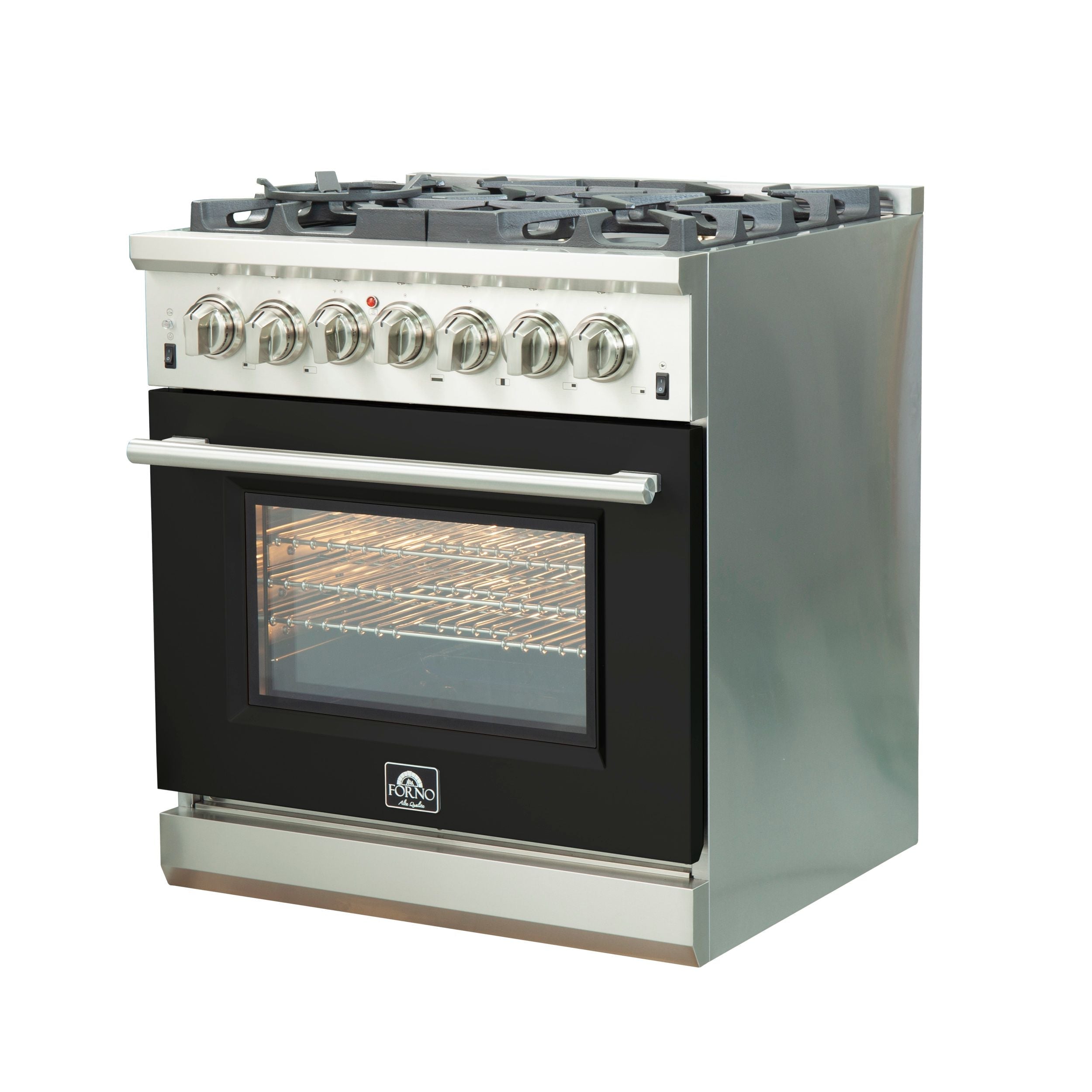 Stainless steel dual fuel range with black oven door and illuminated control panel