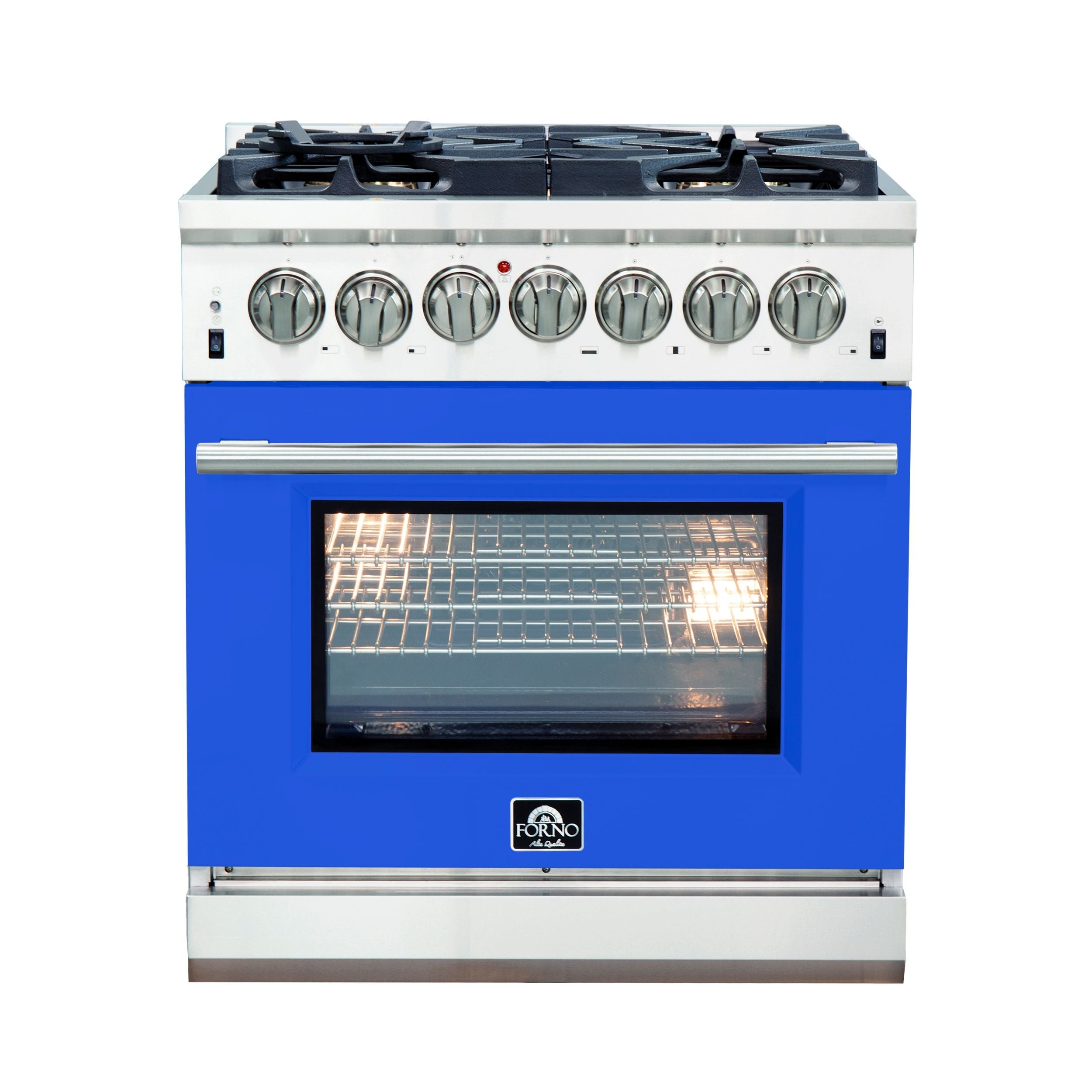 Stainless steel gas range front with blue oven door window and control knobs