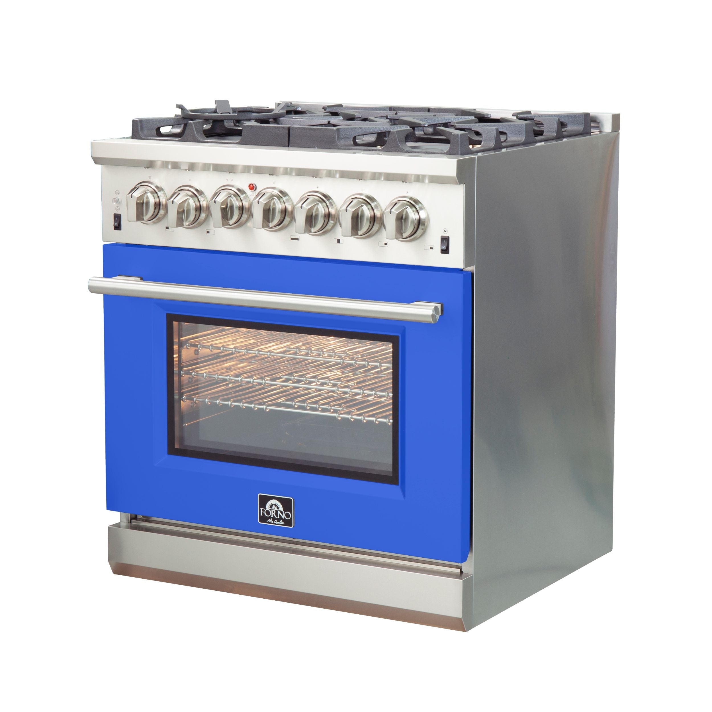 Stainless steel dual fuel range with blue oven door, glass window, and control knobs