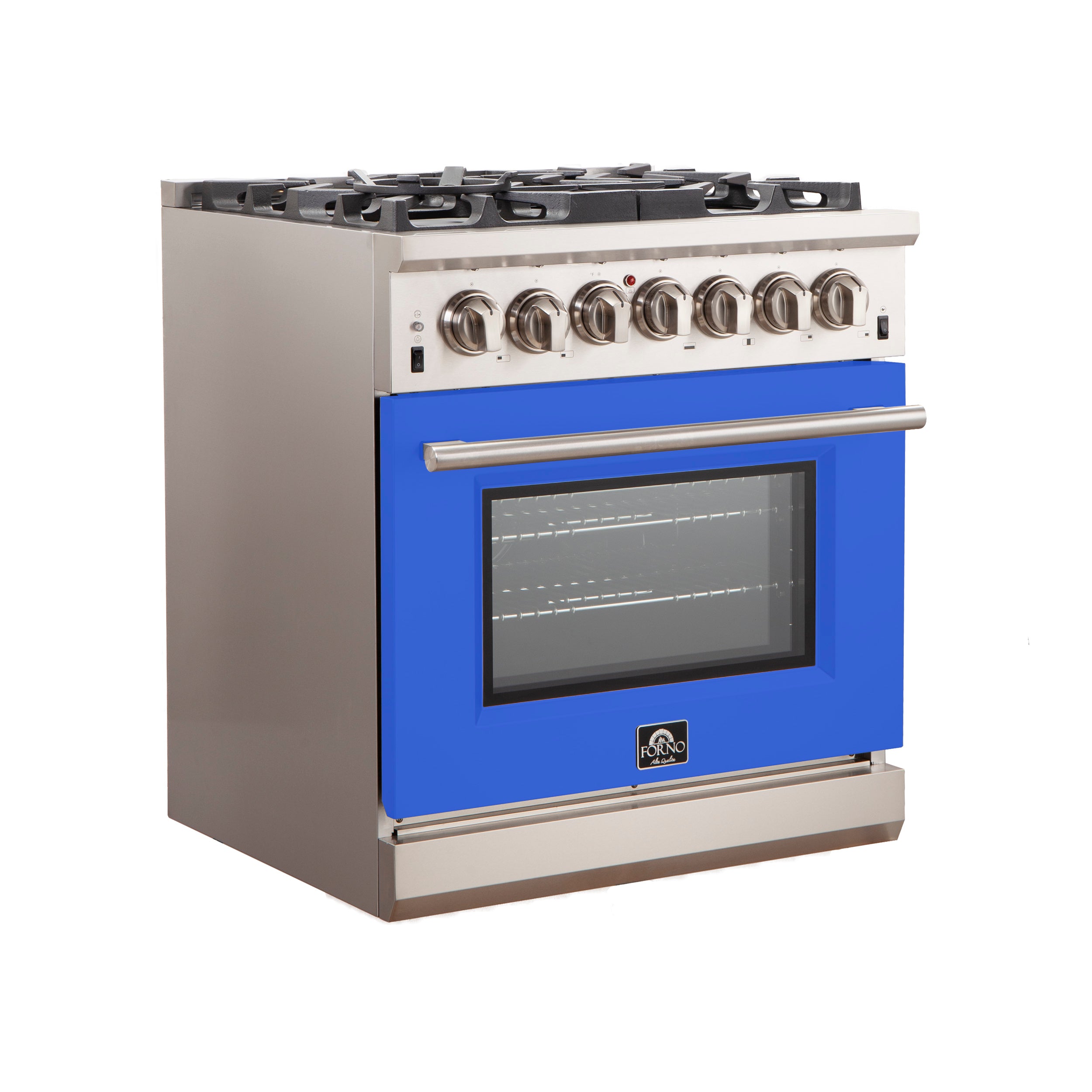 Stainless steel gas range with blue oven door, control knobs, and five burner grates