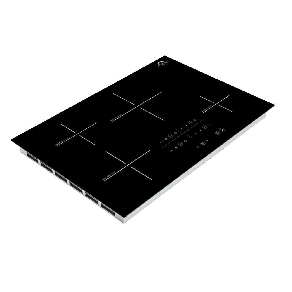 Black induction cooktop with smooth glass surface, touch controls, and burner zone lines