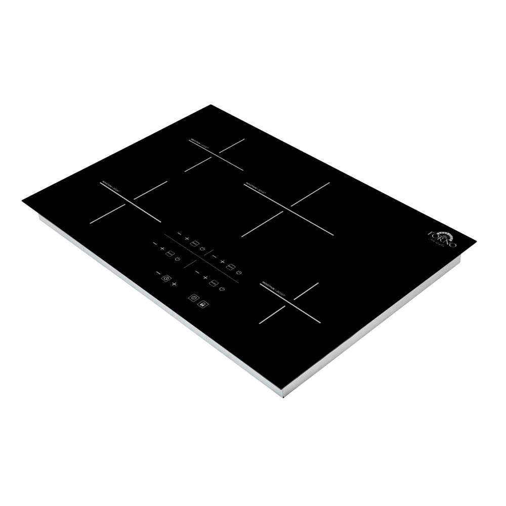 Black induction cooktop glass top with white burner lines and touch control icons