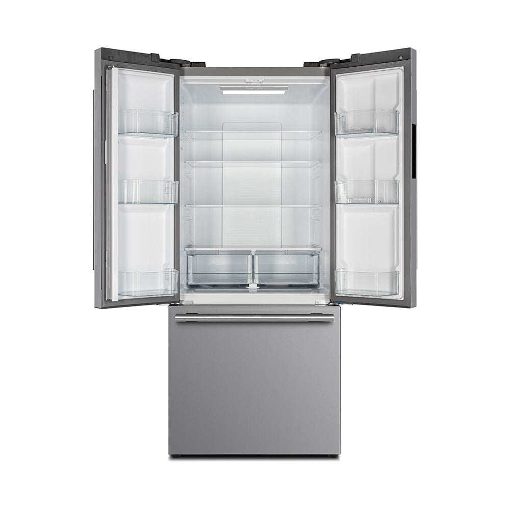 French door refrigerator interior with adjustable shelves and door storage bins