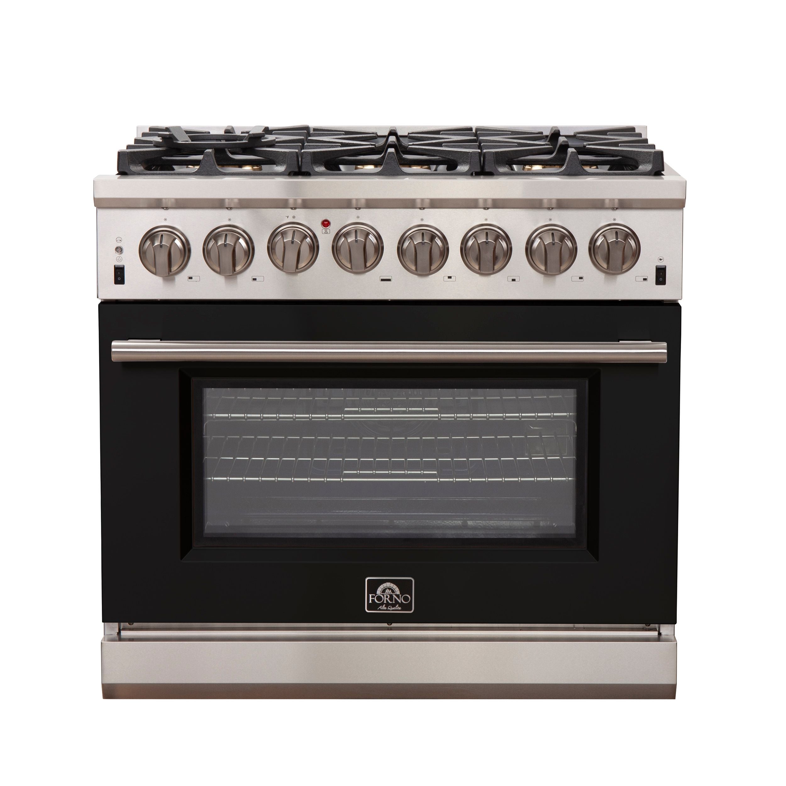 Stainless range with six burner knobs and black oven door window