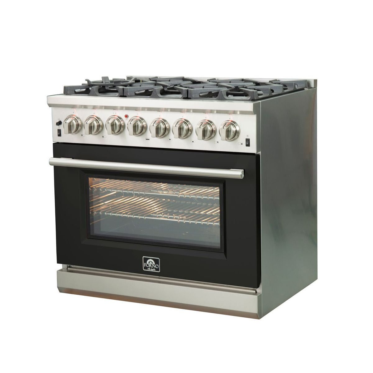 Stainless dual-fuel range with six gas burners and black oven door