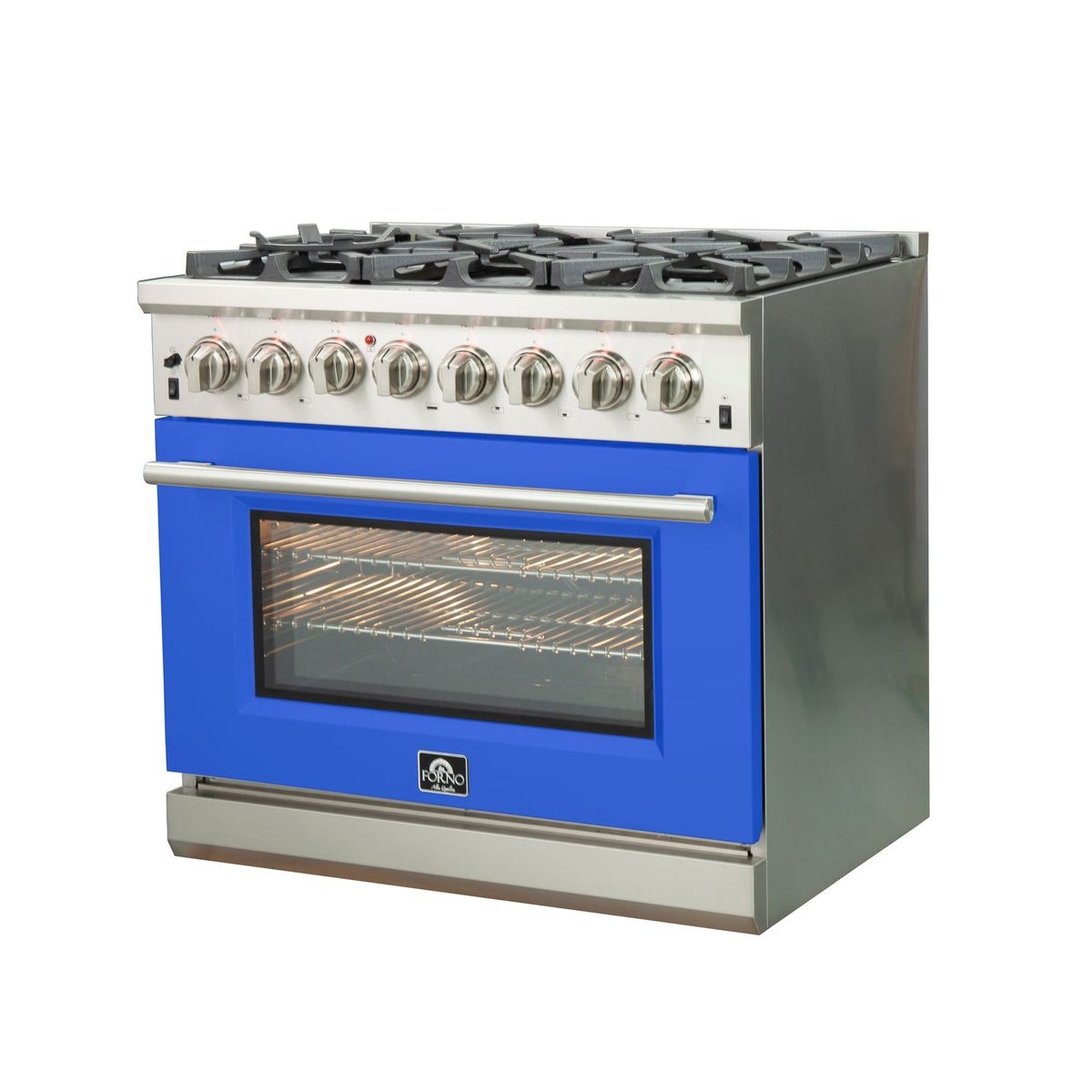 Dual fuel range with 6 burners, stainless body, and blue oven door with handle