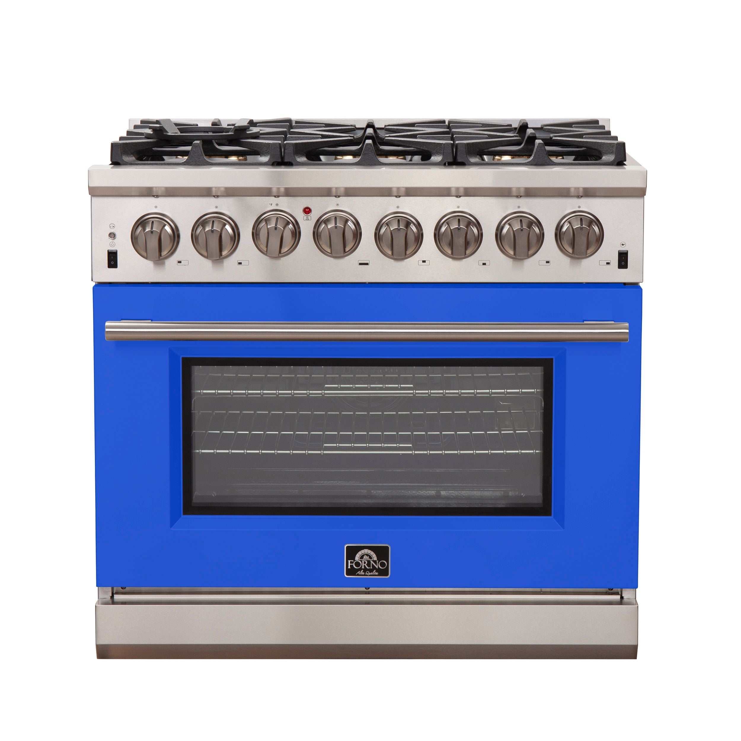 Dual fuel range front with six burners, stainless top, and blue oven door panel
